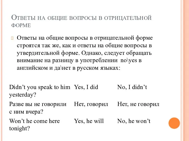 Ответы на общие вопросы в отрицательной форме Ответы на общие