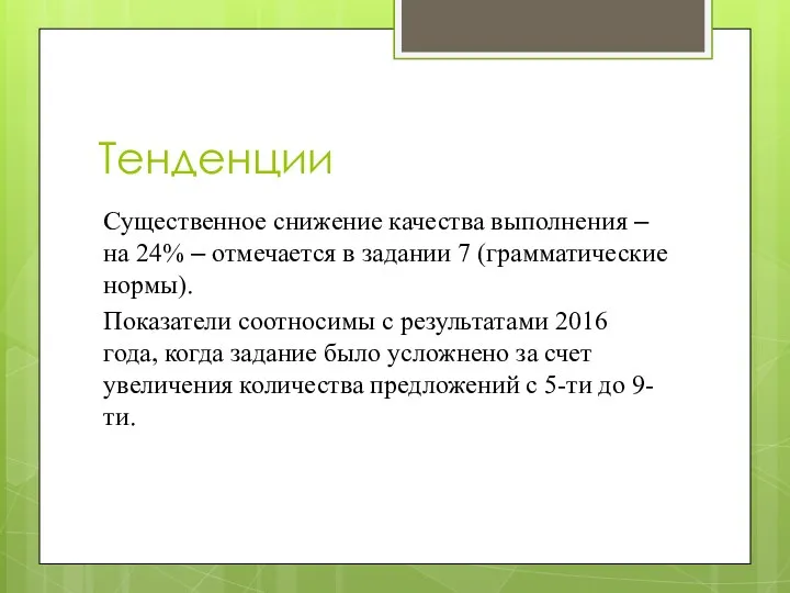 Тенденции Существенное снижение качества выполнения – на 24% – отмечается