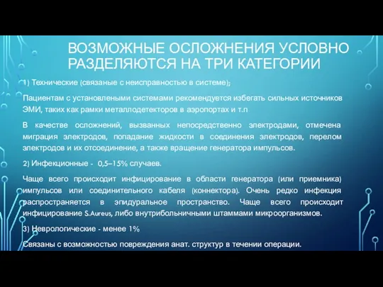 ВОЗМОЖНЫЕ ОСЛОЖНЕНИЯ УСЛОВНО РАЗДЕЛЯЮТСЯ НА ТРИ КАТЕГОРИИ 1) Технические (связаные