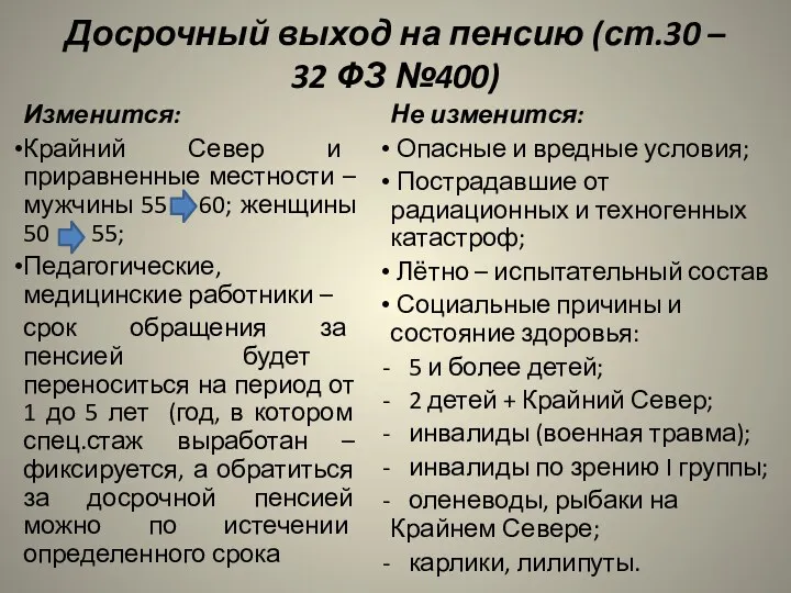 Досрочный выход на пенсию (ст.30 – 32 ФЗ №400) Изменится: