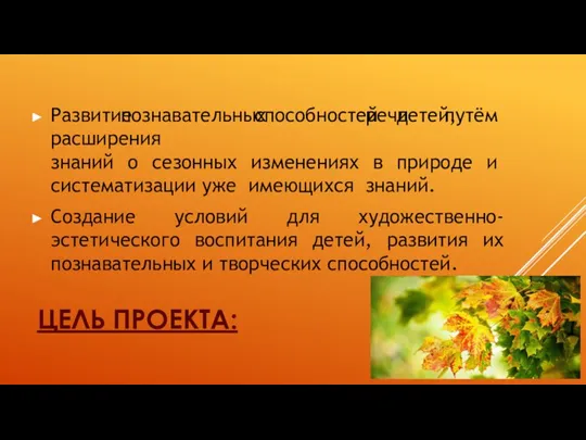 ЦЕЛЬ ПРОЕКТА: Развитие познавательных способностей и речи детей, путём расширения