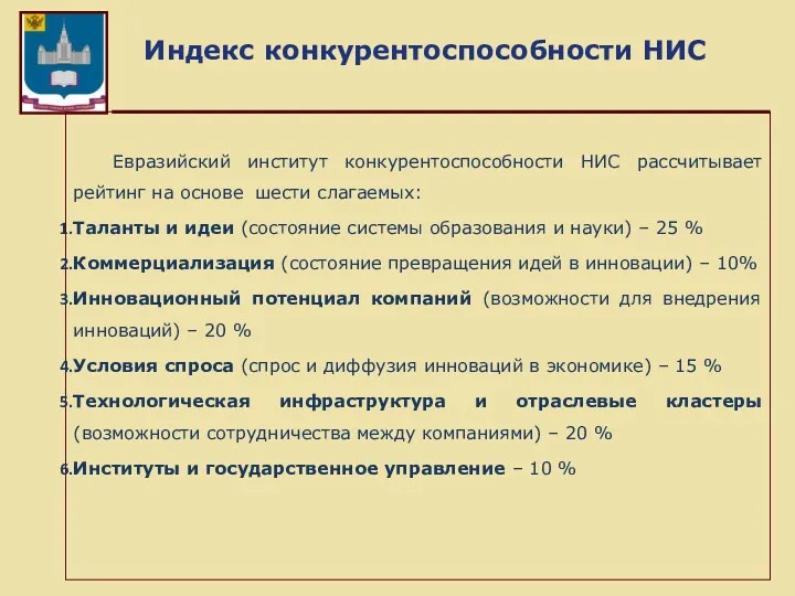 Индекс конкурентоспособности НИС Евразийский институт конкурентоспособности НИС рассчитывает рейтинг на