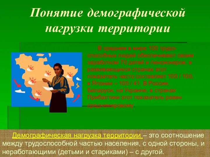 Понятие демографической нагрузки территории Демографическая нагрузка территории – это соотношение