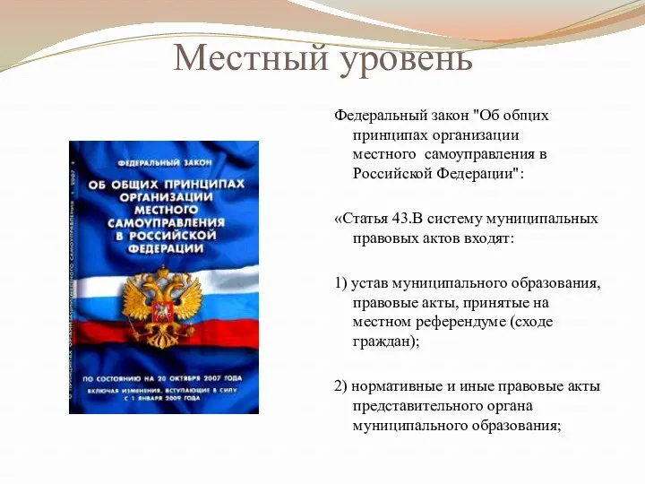 Местный уровень Федеральный закон "Об общих принципах организации местного самоуправления