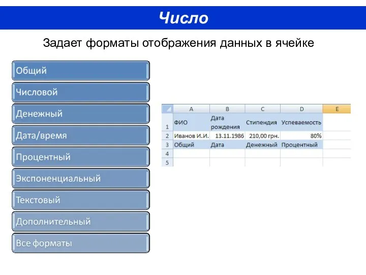 Число Задает форматы отображения данных в ячейке