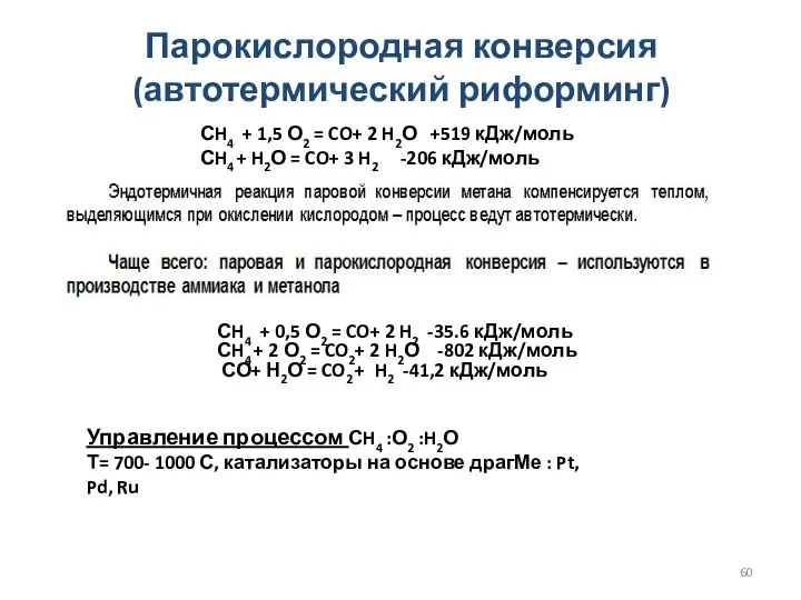 Парокислородная конверсия (автотермический риформинг) СH4 + 1,5 О2 = CO+