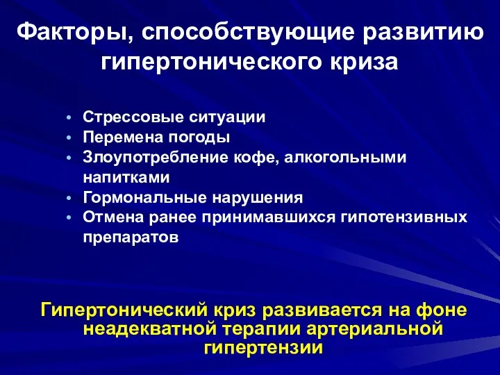 Факторы, способствующие развитию гипертонического криза Стрессовые ситуации Перемена погоды Злоупотребление