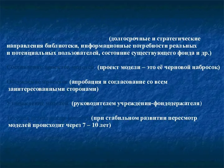 Алгоритм процесса моделирования Сбор и анализ исходной информации (долгосрочные и стратегические направления библиотеки,