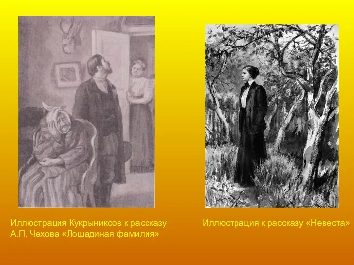Иллюстрация к рассказу «Невеста» Иллюстрация Кукрыниксов к рассказу А.П. Чехова «Лошадиная фамилия»