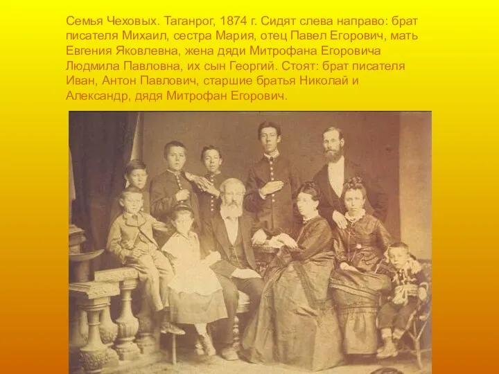 Семья Чеховых. Таганрог, 1874 г. Сидят слева направо: брат писателя