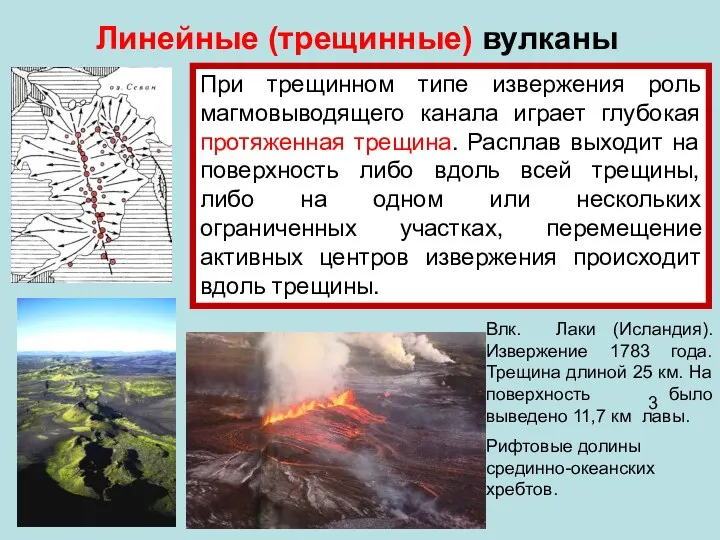 Линейные (трещинные) вулканы При трещинном типе извержения роль магмовыводящего канала