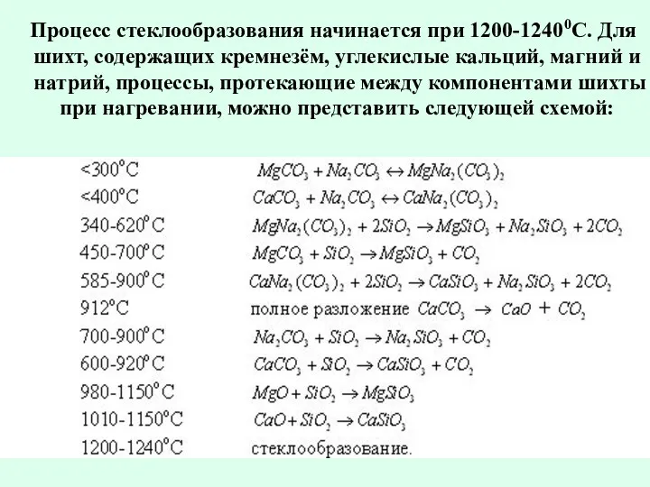 Процесс стеклообразования начинается при 1200-12400С. Для шихт, содержащих кремнезём, углекислые