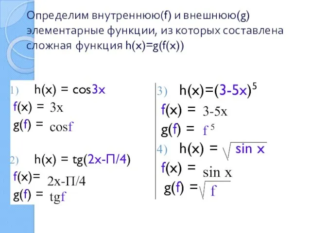 Определим внутреннюю(f) и внешнюю(g) элементарные функции, из которых составлена сложная