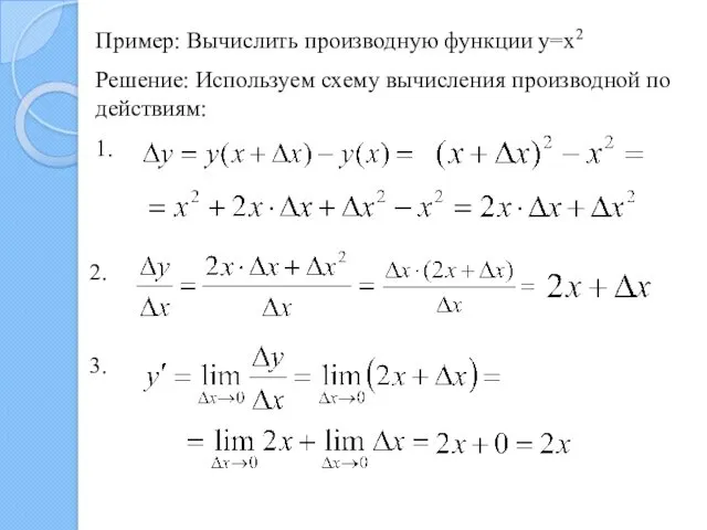 Пример: Вычислить производную функции y=x2 Решение: Используем схему вычисления производной по действиям: 1. 2. 3.