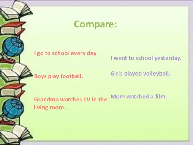 Compare: I go to school every day Boys play football.