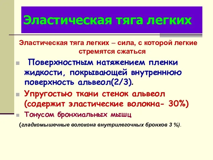 Эластическая тяга легких Эластическая тяга легких – сила, с которой