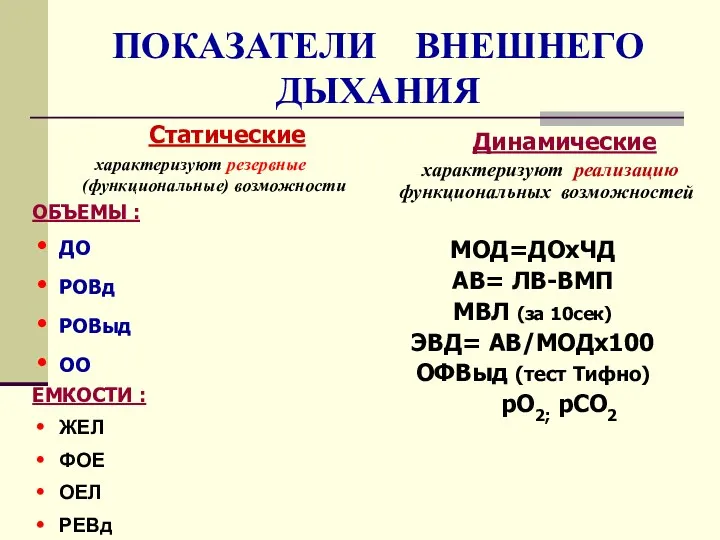 ПОКАЗАТЕЛИ ВНЕШНЕГО ДЫХАНИЯ Статические характеризуют резервные (функциональные) возможности ОБЪЕМЫ :