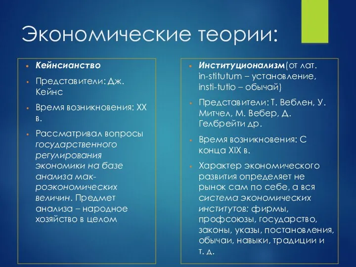 Экономические теории: Кейнсианство Представители: Дж. Кейнс Время возникновения: XX в.