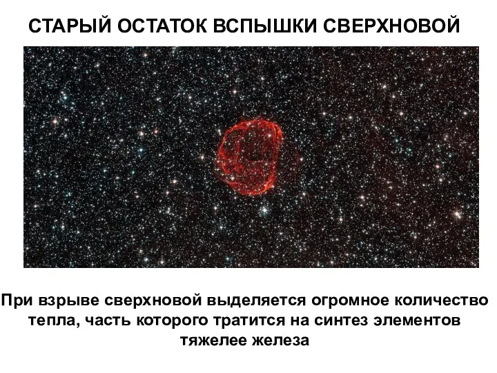 СТАРЫЙ ОСТАТОК ВСПЫШКИ СВЕРХНОВОЙ При взрыве сверхновой выделяется огромное количество
