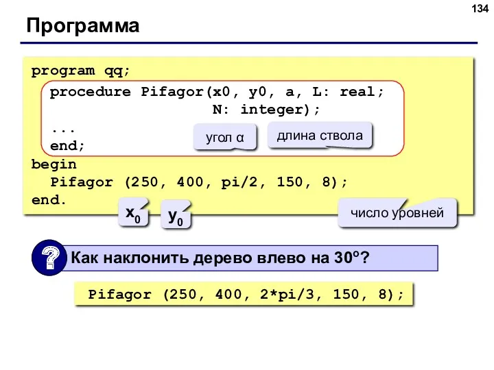 Программа program qq; procedure Pifagor(x0, y0, a, L: real; N: