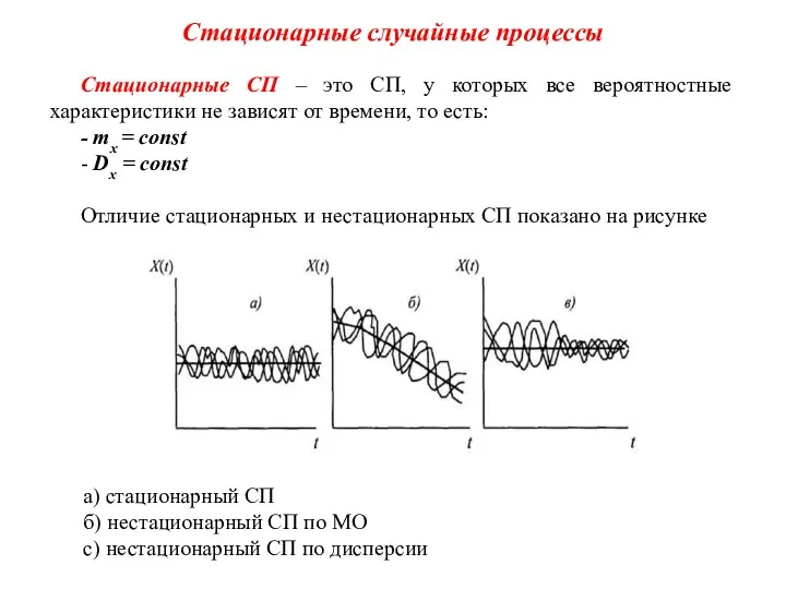 Стационарные случайные процессы Стационарные СП – это СП, у которых