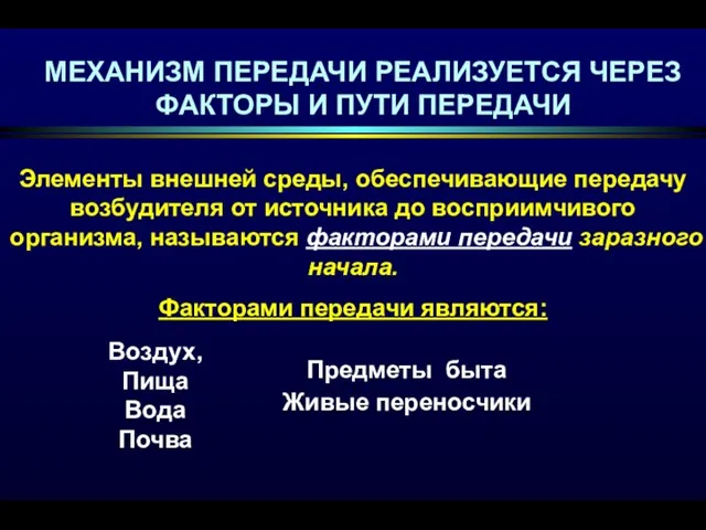 МЕХАНИЗМ ПЕРЕДАЧИ РЕАЛИЗУЕТСЯ ЧЕРЕЗ ФАКТОРЫ И ПУТИ ПЕРЕДАЧИ Элементы внешней