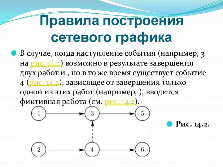 Правила построения сетевого графика В случае, когда наступление события (например,