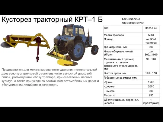 Кусторез тракторный КРТ–1 Б Предназначен для механизированного удаления нежелательной древесно-кустарниковой