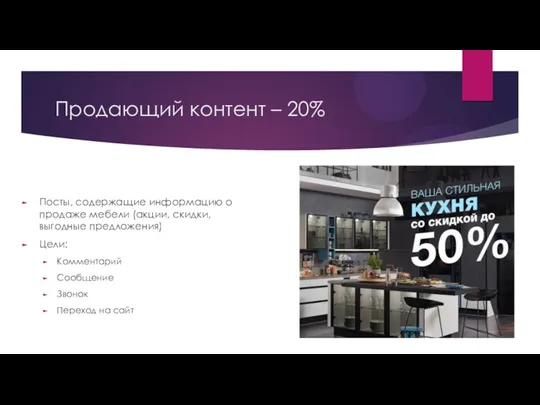 Продающий контент – 20% Посты, содержащие информацию о продаже мебели