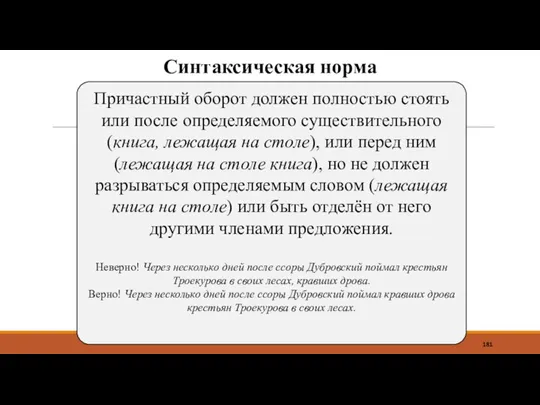 Синтаксическая норма Причастный оборот должен полностью стоять или после определяемого