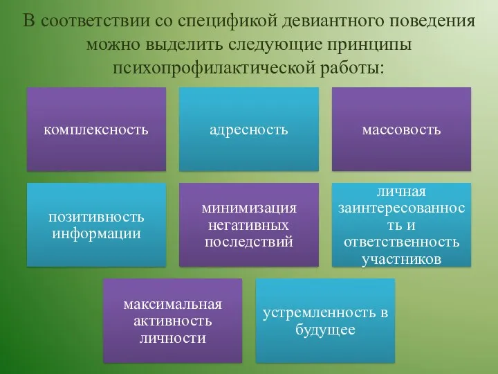 В соответствии со спецификой девиантного поведения можно выделить следующие принципы