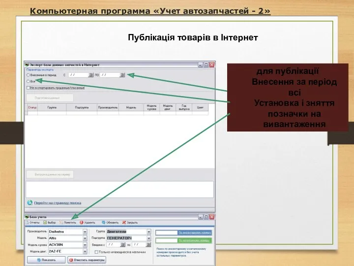 Компьютерная программа «Учет автозапчастей - 2» Публікація товарів в Інтернет