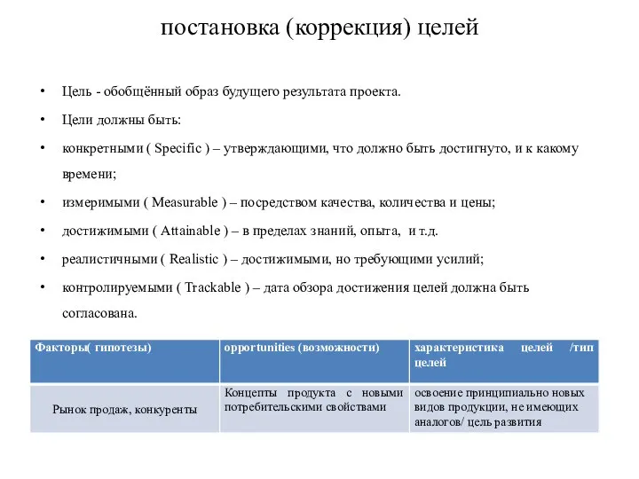 постановка (коррекция) целей Цель - обобщённый образ будущего результата проекта.