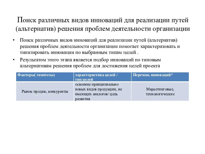 Поиск различных видов инноваций для реализации путей (альтернатив) решения проблем