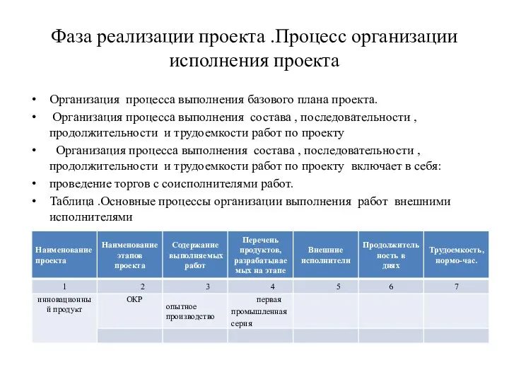 Фаза реализации проекта .Процесс организации исполнения проекта Организация процесса выполнения