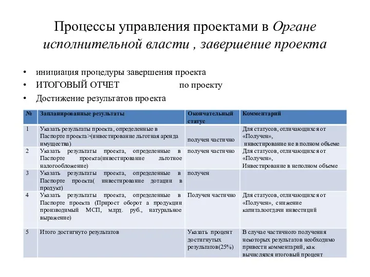 Процессы управления проектами в Органе исполнительной власти , завершение проекта