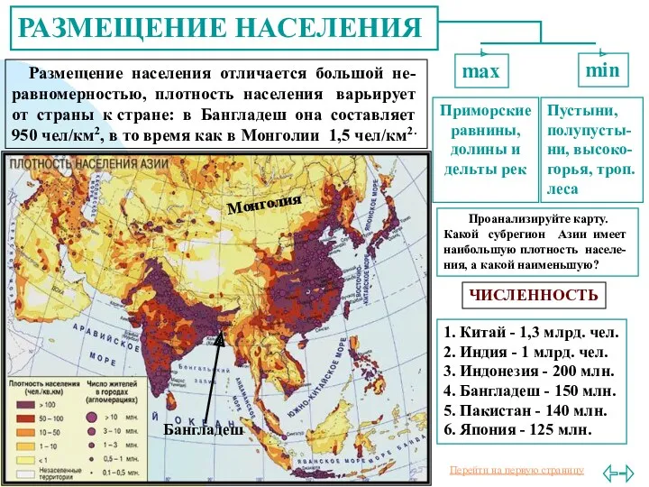 РАЗМЕЩЕНИЕ НАСЕЛЕНИЯ Размещение населения отличается большой не-равномерностью, плотность населения варьирует