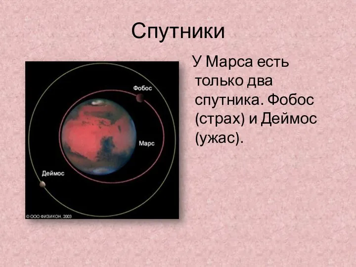 Спутники У Марса есть только два спутника. Фобос (страх) и Деймос (ужас).