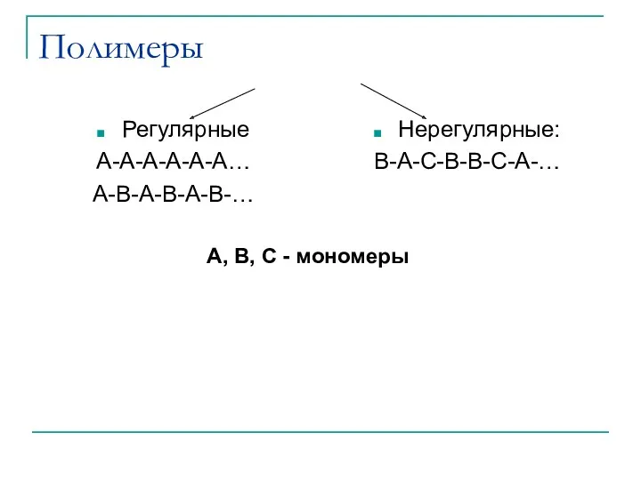 Полимеры Регулярные А-А-А-А-А-A… A-B-A-B-A-B-… Нерегулярные: В-А-С-В-В-С-А-… А, В, С - мономеры