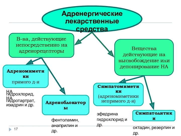 Адренергические лекарственные средства В-ва, действующие непосредственно на адренорецепторы Вещества действующие