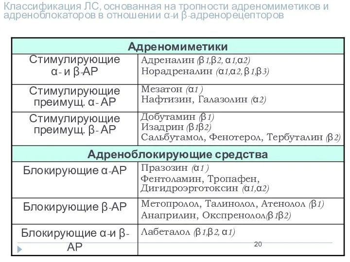 Классификация ЛС, основанная на тропности адреномиметиков и адреноблокаторов в отношении