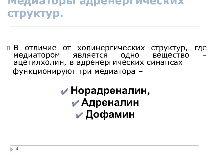 Медиаторы адренергических структур. В отличие от холинергических структур, где медиатором