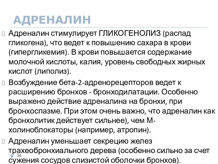 АДРЕНАЛИН Адреналин стимулирует ГЛИКОГЕНОЛИЗ (распад гликогена), что ведет к повышению