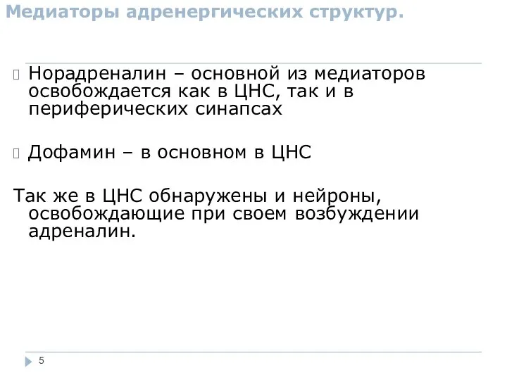 Медиаторы адренергических структур. Норадреналин – основной из медиаторов освобождается как