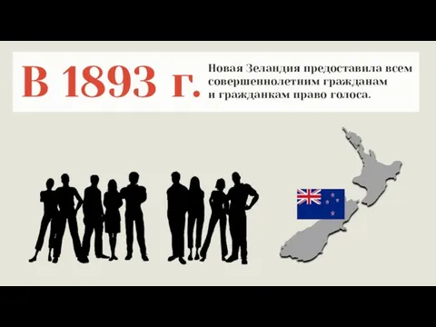 В 1893 г. Новая Зеландия предоставила всем совершеннолетним гражданам и гражданкам право голоса.