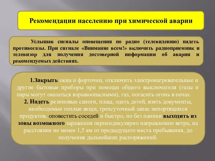 Рекомендации населению при химической аварии Услышав сигналы оповещения по радио