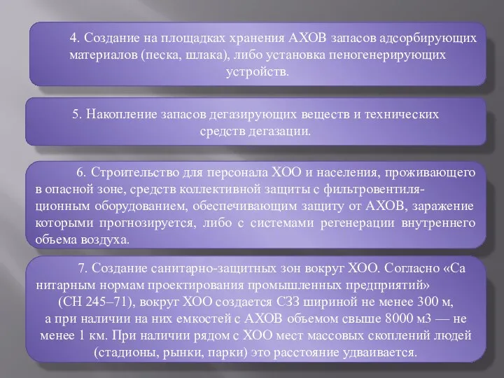 4. Создание на площадках хранения АХОВ запасов адсорбирующих материалов (песка,