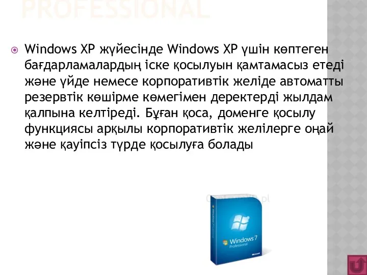 PROFESSIONAL Windows XP жүйесінде Windows XP үшін көптеген бағдарламалардың іске қосылуын қамтамасыз етеді