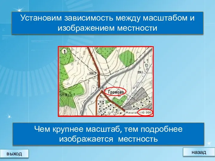 Установим зависимость между масштабом и изображением местности вывод Чем крупнее