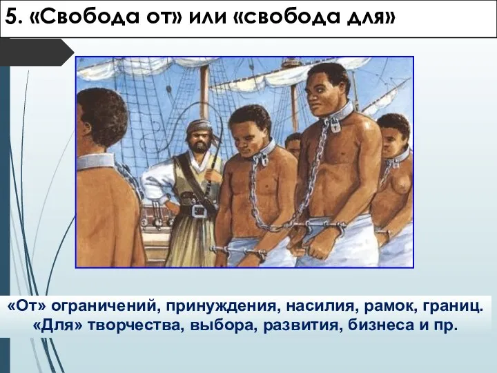 5. «Свобода от» или «свобода для» «От» ограничений, принуждения, насилия, рамок, границ. «Для»